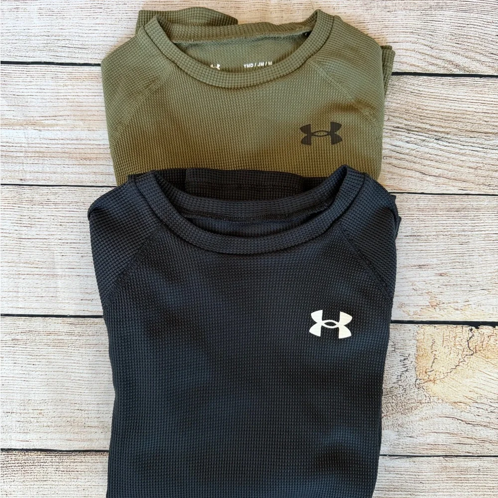 Under Armour UA Boys Waffle Crew Long Sleeve Shirts Youth Size M Black Green - Picture 3 of 5